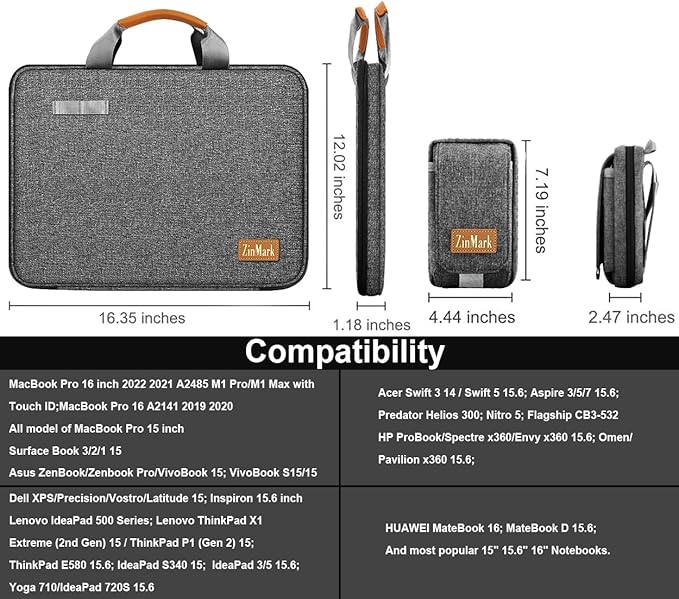 Laptop Case 15.6 Inch Briefcase Military-Grade Protection with Detachable Belt Bag, Compatible All Model of 15-16 Inch MacBook Pro and Most Popular 15.6 Inch Notebooks Chromebooks (Gray Black)