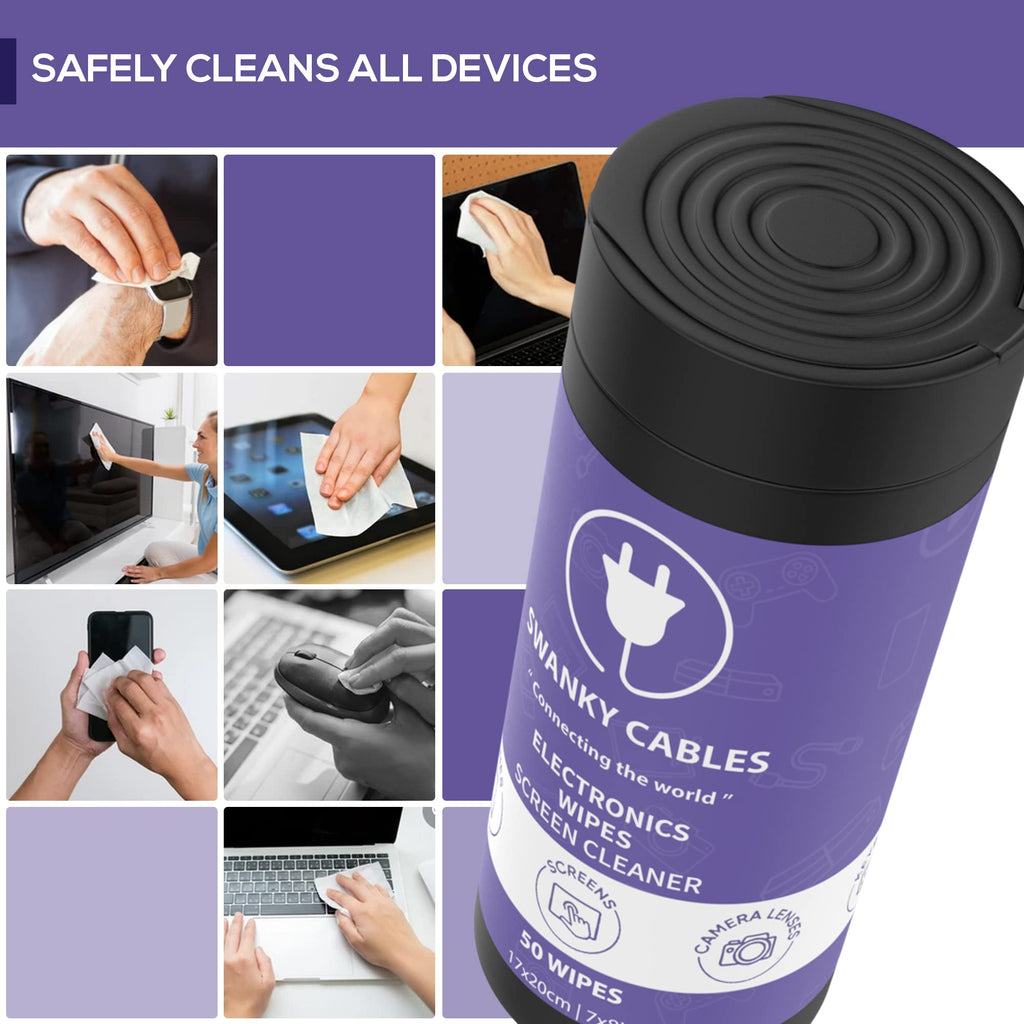 Swanky Cables Screen Cleaner Wipes: Electronic Wipes for Screens - Computer Screen Wipes for Lens, Phone, Tv Screen and Monitor Cleaning - Tech Wipes & Microfiber Cloth (Canister, 50 Count)