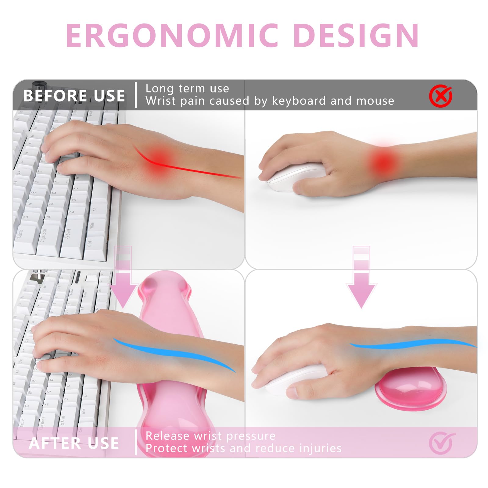 Gel Keyboard and Mouse Wrist Rest, Cute Wrist Support and Arm Support Keyboard Rest for Keyboard and Mouse Typing Pain Relief，Suitable for Office/Computer/Laptop/Gaming (Transparent Pink Set)
