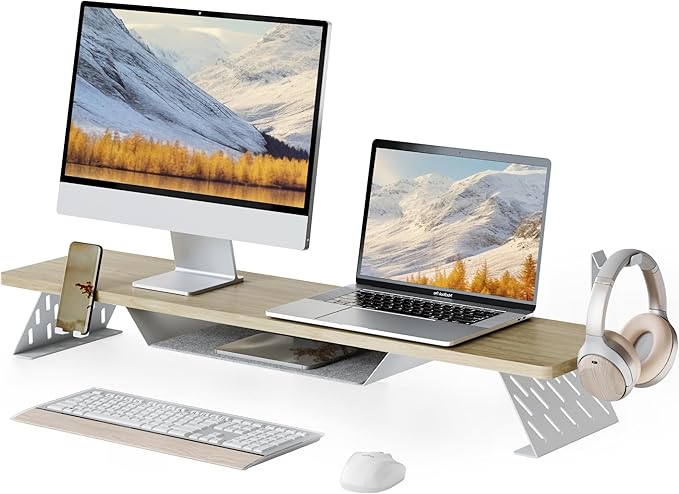 Fenge Dual Monitor Stand, Wooden Desk Shelf with Headphone & Phone Holder