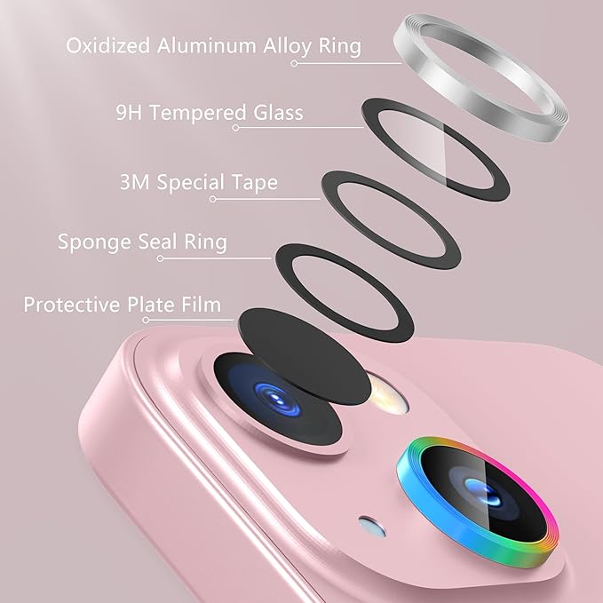 AGVEE 3+3 6 Pack for iPhone 15/15 Plus Camera Lens Protector, Bling Diamond & Bling Glitter Metal Ring 9H Tempered HD Glass Camera Protector Cover Film, Bling-Silver