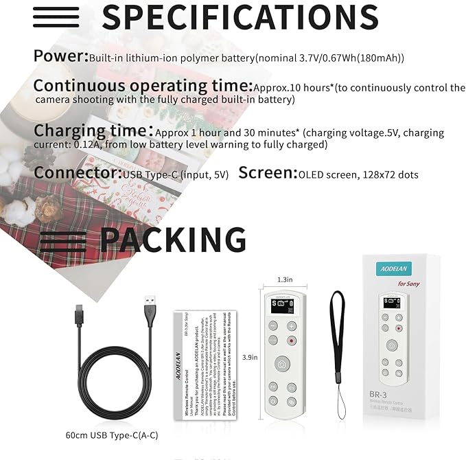 Remote Control for Sony Camera,USB-C Rechargeable Wireless Shutter Release with OLED Screen for ZV-1, ZV-E10,ZV-1F, A6100, A6400, A6700,A7IV,RX100 VII,A9,A9 II,Replace RMT-P1BT (White)