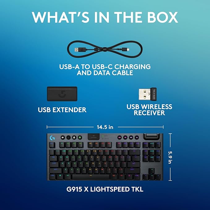 Logitech G915 X Lightspeed TKL Wireless Mechanical Gaming Keyboard, Double-Shot PBT Keycaps, Fully Programmable Keys, RGB Backlit Mac/PC Gaming Keyboards, Aluminum Finish, GL Linear Switches, Black