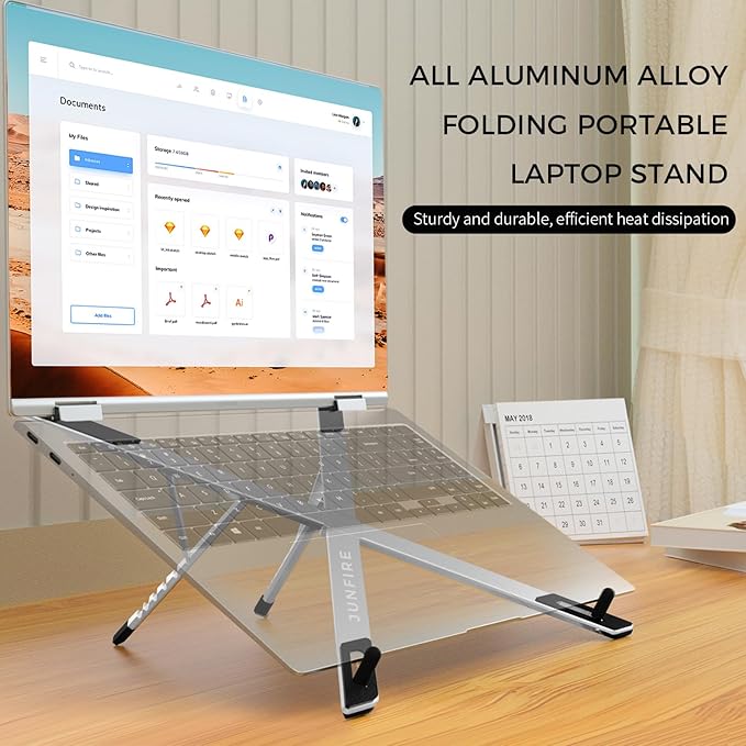 Junfire Foldable Laptop Stand for 17.3 inch, Aluminum Stable Ergonomic Laptop Riser with 6-Levels Height Adjustment, Fits with MacBook Air, MacBook Pro, HP, Dell, Lenovo (Up to 17.3'')-Sliver