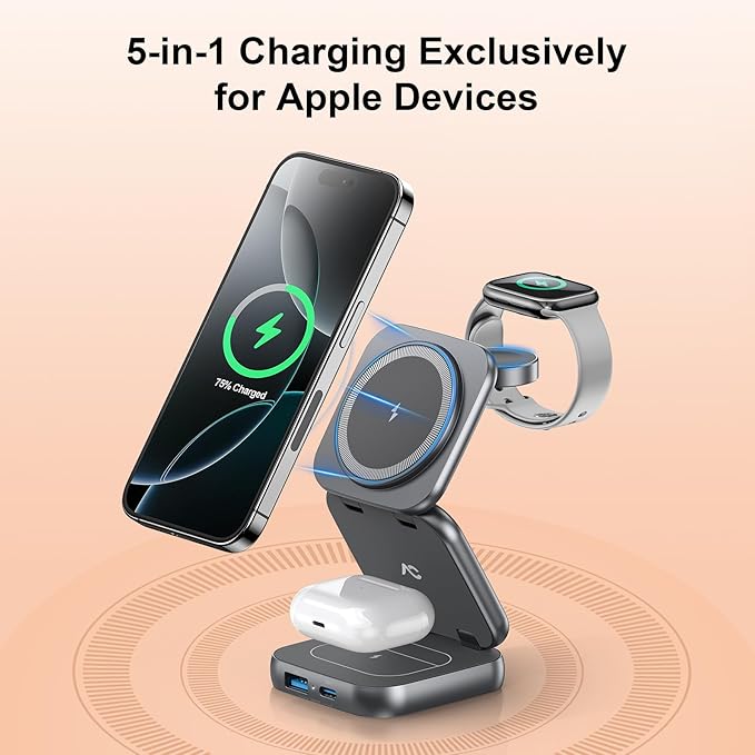 5-in-1 Wireless Charger for MagSafe, AC ISLAND Portable Travel Charging Station, 15W Max Fast Foldable Magnetic Stand, Evolved for iPhone 16/15/14/13 Series, Apple Watch, AirPods (with 35W Adapter)