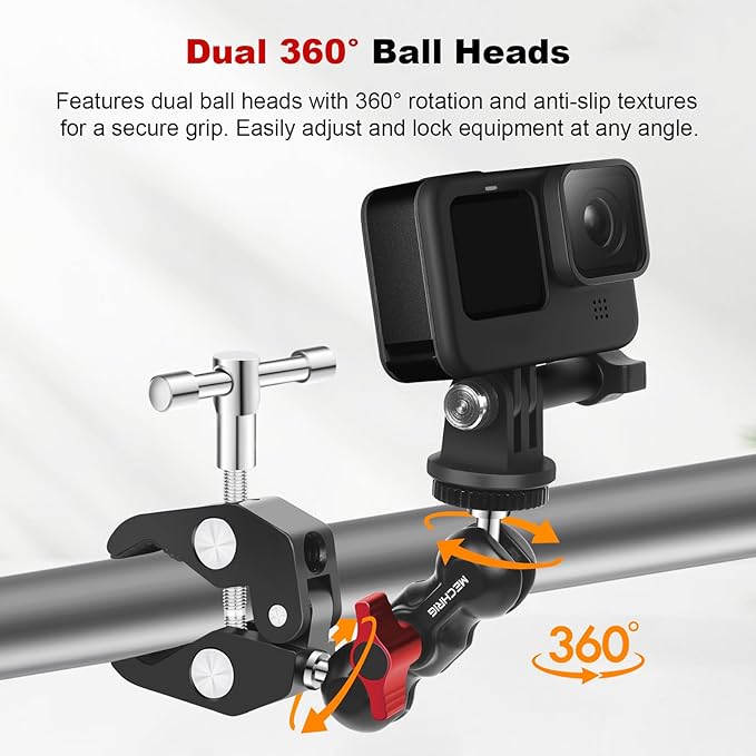 Camera Clamp Mount with Dual Ballhead Magic Arm, Aluminum Camera Mount Super Clamp Kit for DSLR Action Camera/Phone/Monitor/LED Light/Microphone, for Desk/Tripod/Tube/Crossbar (SY001)
