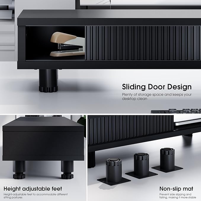Fenge Dual Monitor Stand with Storage, Desk Shelf with Glass Sliding Door