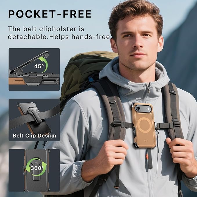 M MYBAT PRO for iPhone Air Case with Belt Clip Holster, [Compatible with Magsafe] w/Screen Protector, Anti-Drop, Shockproof, w 360°Rotating Kickstand, Heavy Duty Protection (Brown)