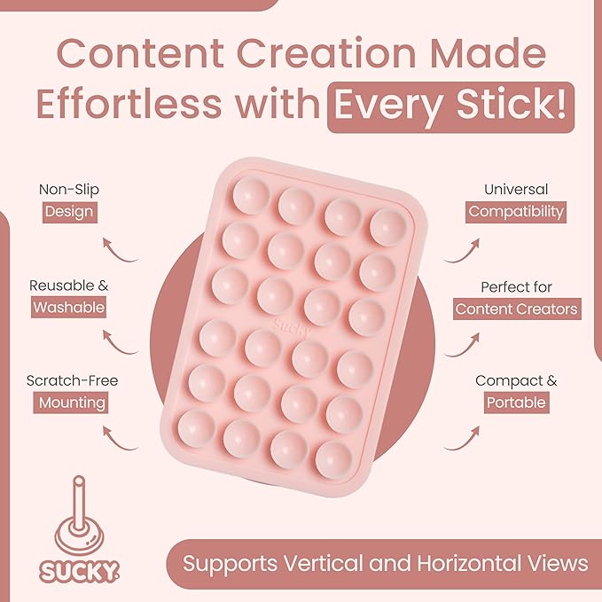SUCKY Silicone Suction Phone Case Adhesive Octo Cup Buddy Mount - Anti-Slip Holder, Hands-Free Phone Accessory for iPhone and Android - Sticky Grip for Selfies, Videos - Chalk Pink