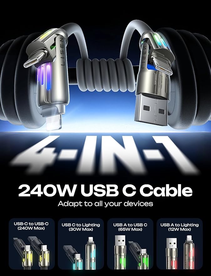 LISEN Car Carplay Cable for iPhone 15/16e/16 Pro Max/Plus(3.3FT), 4 in 1 Chubby USB C with Light, USB A/C to C/L Multi Charging Cable for 14 13 12/MacBook/iPad Pro/SamSungS25,Grey