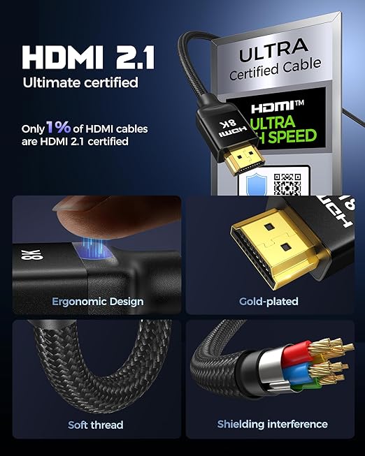 Silkland 10K 8K HDMI 2.1 Cable Certified 6.6FT [4K@120Hz 144Hz, 8K@60Hz, 2K@240Hz] Ultra High Speed HDMI® Cable 48Gbps (Upgrade Braided),HDR, eARC, HDCP 2.3, Compatible for/PS5/PS4/Roku TV