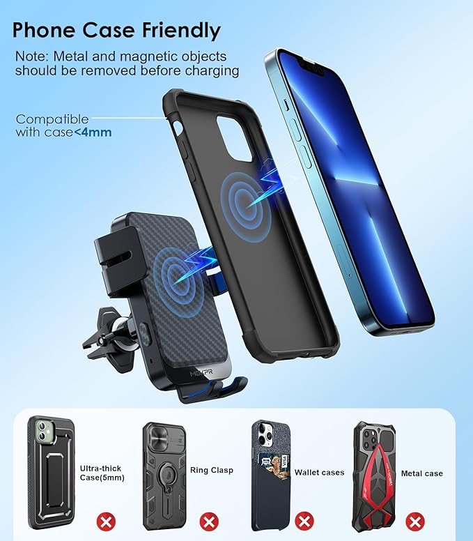 Wireless Car Charger, MOKPR 15W Fast Charging Auto-Clamping Phone Mount Air Vent Cell Phone Holder Compatible iPhone 15/14/13/13 Pro/12 pro/12/11/X/8, Compatible Galaxy S23/S22/S21/S20, etc Blue