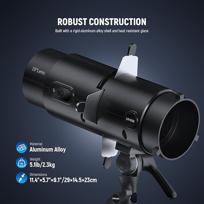 NEEWER LS-300 Spotlight Optical Snoot for 300W Bowens Mount LED Video Lights with 16x GOBO 19° Projection Lens 98% Light Transmittance Geometric Shaper for Creative Photography & Enhanced Illuminance