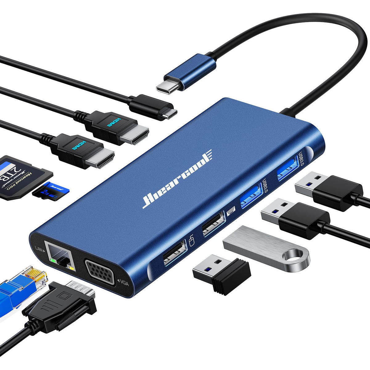 Hiearcool USB C Docking Station, 11-in-1 Dock, HDMI, VGA, Ethernet, Black