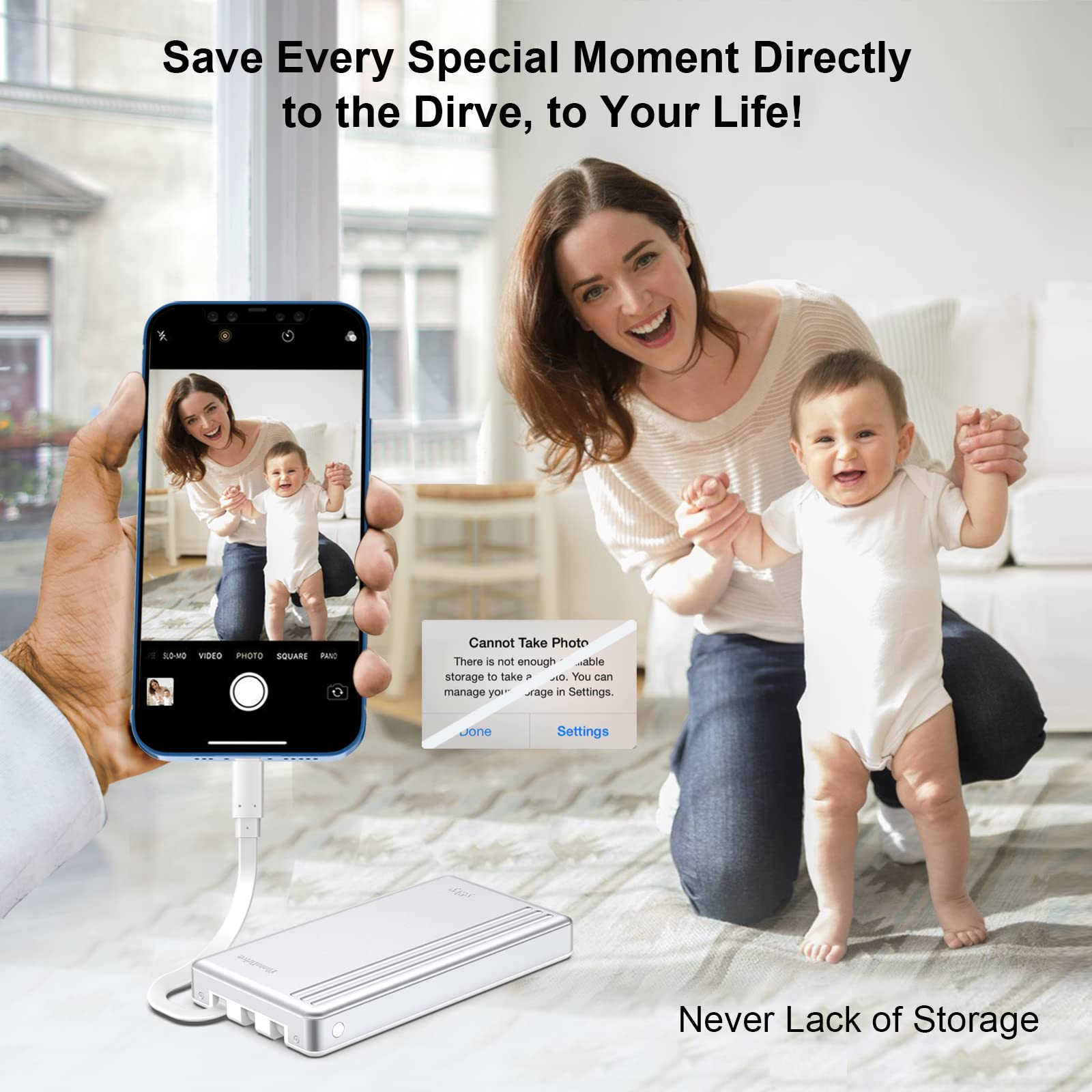 MFi Certified 2TB External Hard Drive for iPhone iPad MacBook Computer,Photo Stick USB Flash Drive Storage Device for iPhone 17/16/ 15/14/13 to Backup Photo| Video | Music| File 【One-Touch Backup】