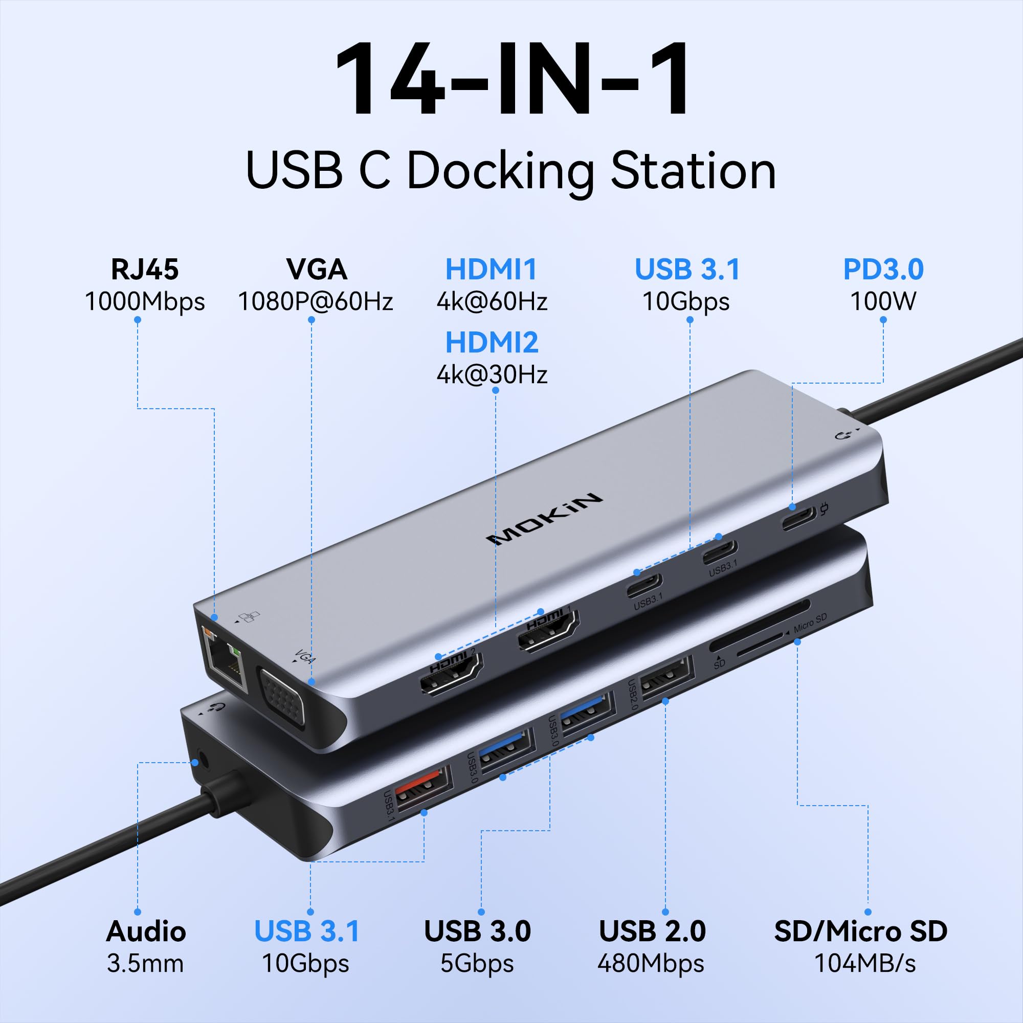 USB C Laptop Docking Station Dual Monitor, 14 in 1 Docking Station 3 Monitors Multiport Adapter with 2 HDMI 4K, VGA, RJ45 Ethernet, 10Gbps USB C/A, 100W PD, SD/Micro SD, 3.5MM Audio&Mic for Dell HP