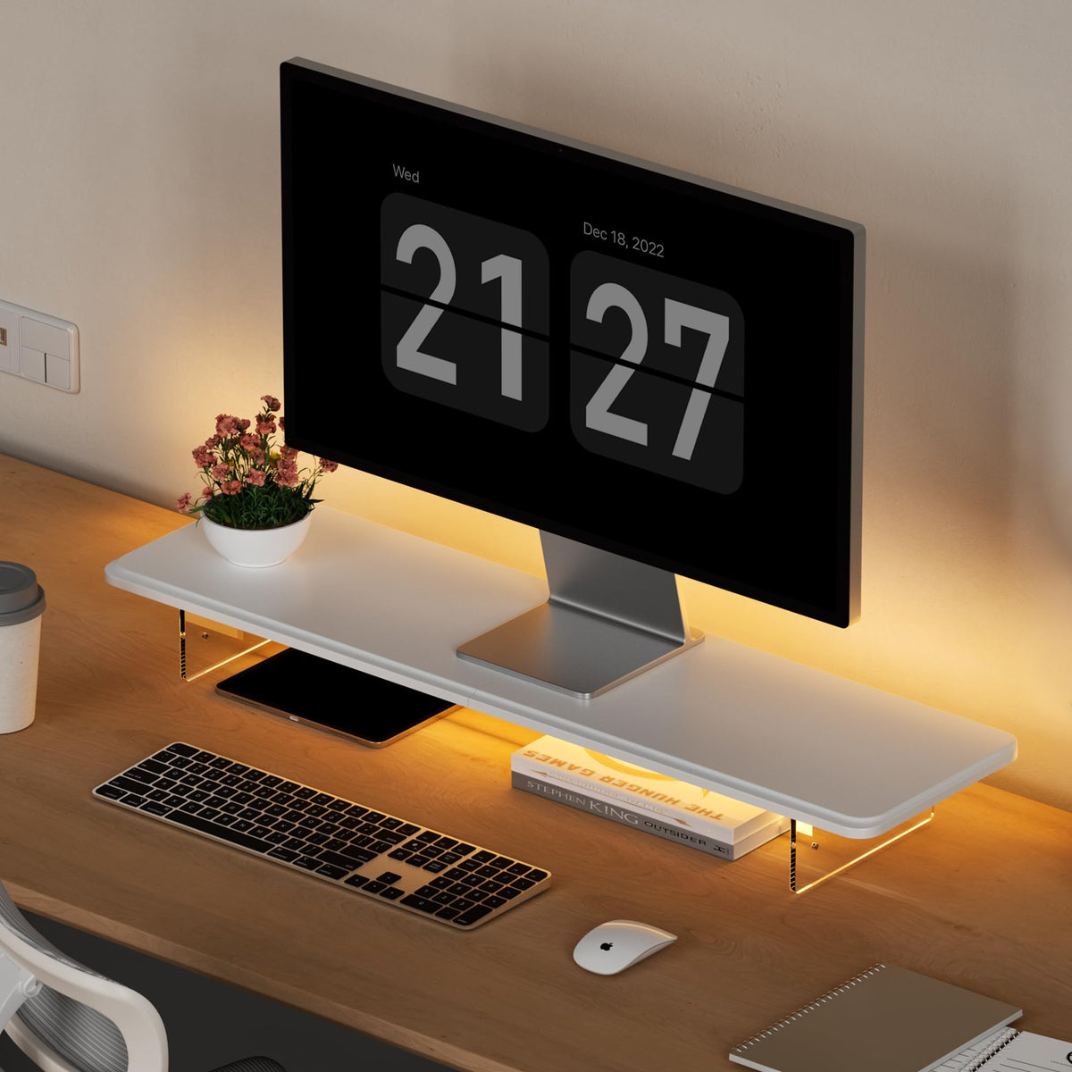 AFOOYO Dual Monitor Stand Riser, Wing-Shaped Sturdy Desktop Wood Stand for 2 Monitors, White Riser for Laptop, PC, Computer