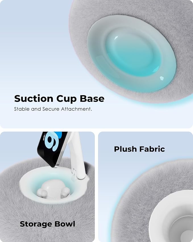 Viozon Phone Holder for Bed, Magnetic Pillow Stand, Compatible with 4-7" Phone/Kindle with Small Storage, Removable Suction Base for Stability, Idea for Kindle Reading and Video Watching On Bed,Grey