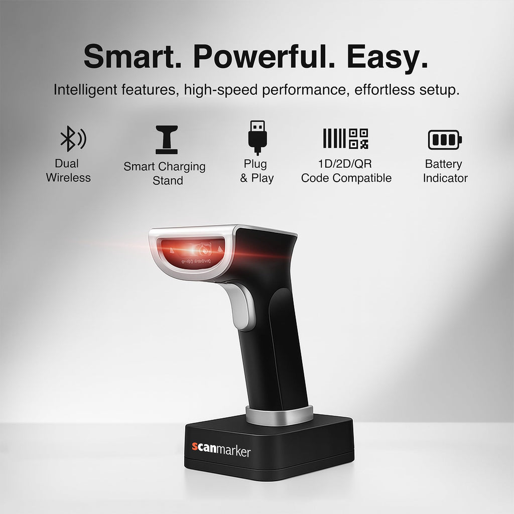 Scanmarker 1D/2D Barcode Scanner Wireless – Boost Speed & Accuracy with Bluetooth Barcode Scanner & 2.4G Modes – Handheld QR & Wireless Barcode Scanner with Charging Stand for Laptop, iOS & Android