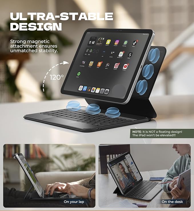 Dexnor for iPad (A16) 11th/10th Generation Case with Keyboard Ultra-Light Magnetic Detachable Folio Keyboard Cover Multi-Touch Trackpad Backlit for iPad 10th Gen 10.9" (2022)/11th Gen (2025), Black