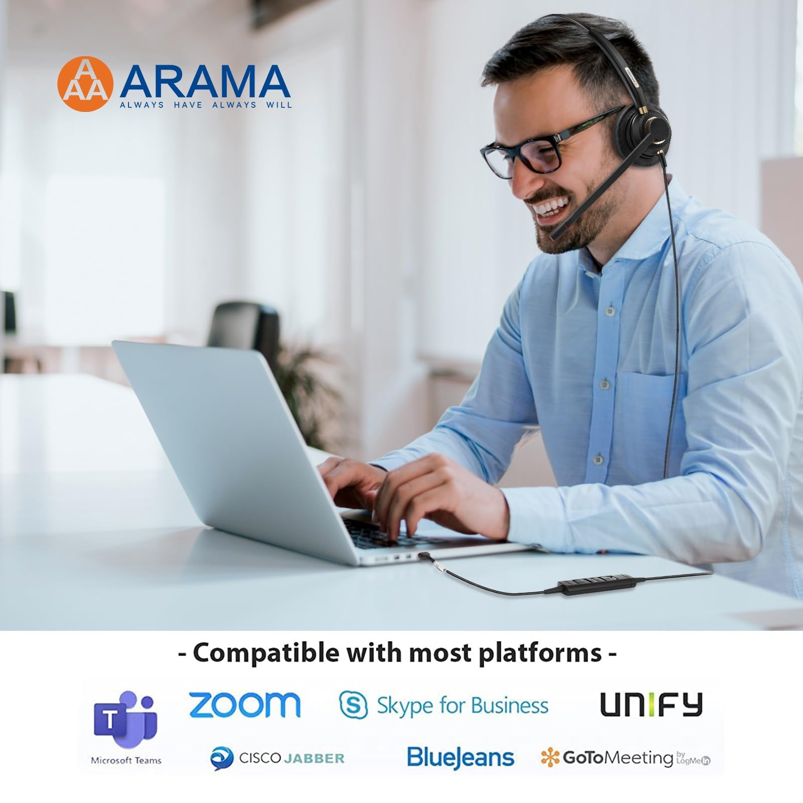 Arama USB Headset with Microphone for PC, Computer Laptop Headphones with Noise Cancelling Mic & Audio Controls for Home Office Business Skype UC Webinar Zoom