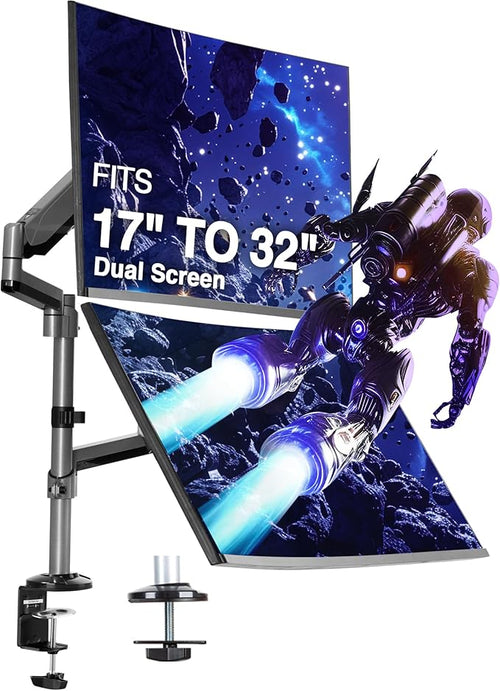 AVLT Dual Stacked Monitor Arm Desk Mount for 13-27" Screens - Silver