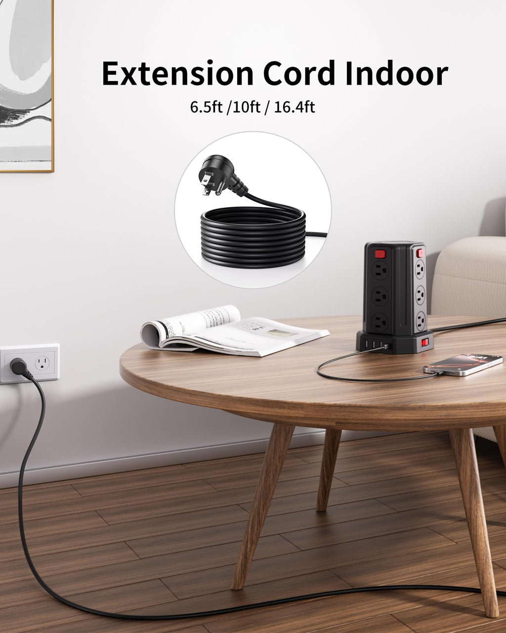 Power Strip 6.5 Ft Extension Cord with 12 AC Multiple Outlets 4 USB (1 USB C), SMALLRT Power Strip Tower Desktop Charging Station for Home Office College Dorm Essentials
