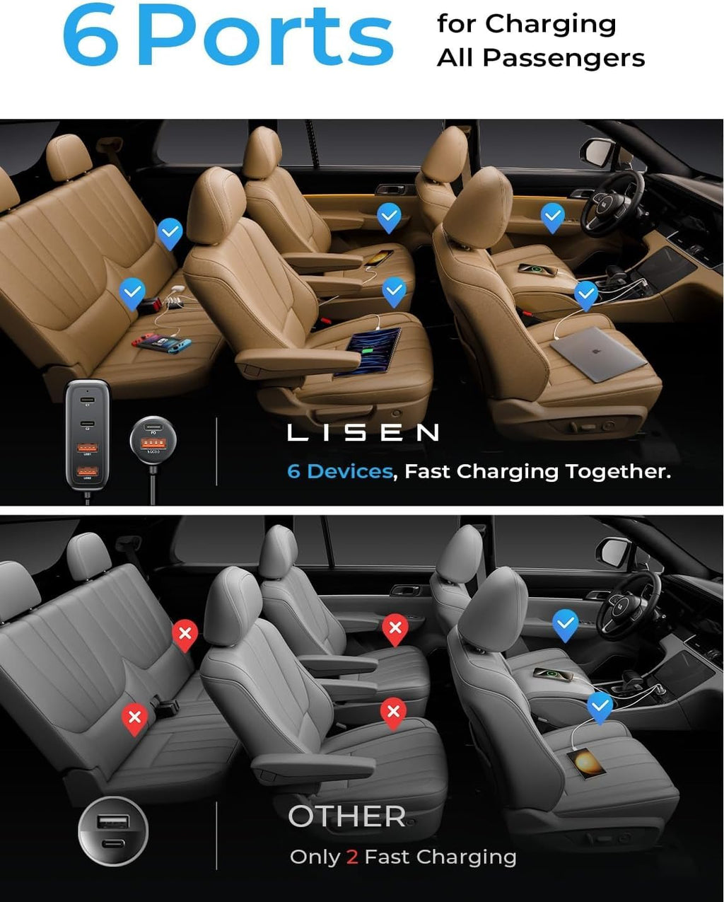 AINOPE PD&QC 108W Multiple Ports Car Charger, Cigarette Lighter USB Charger