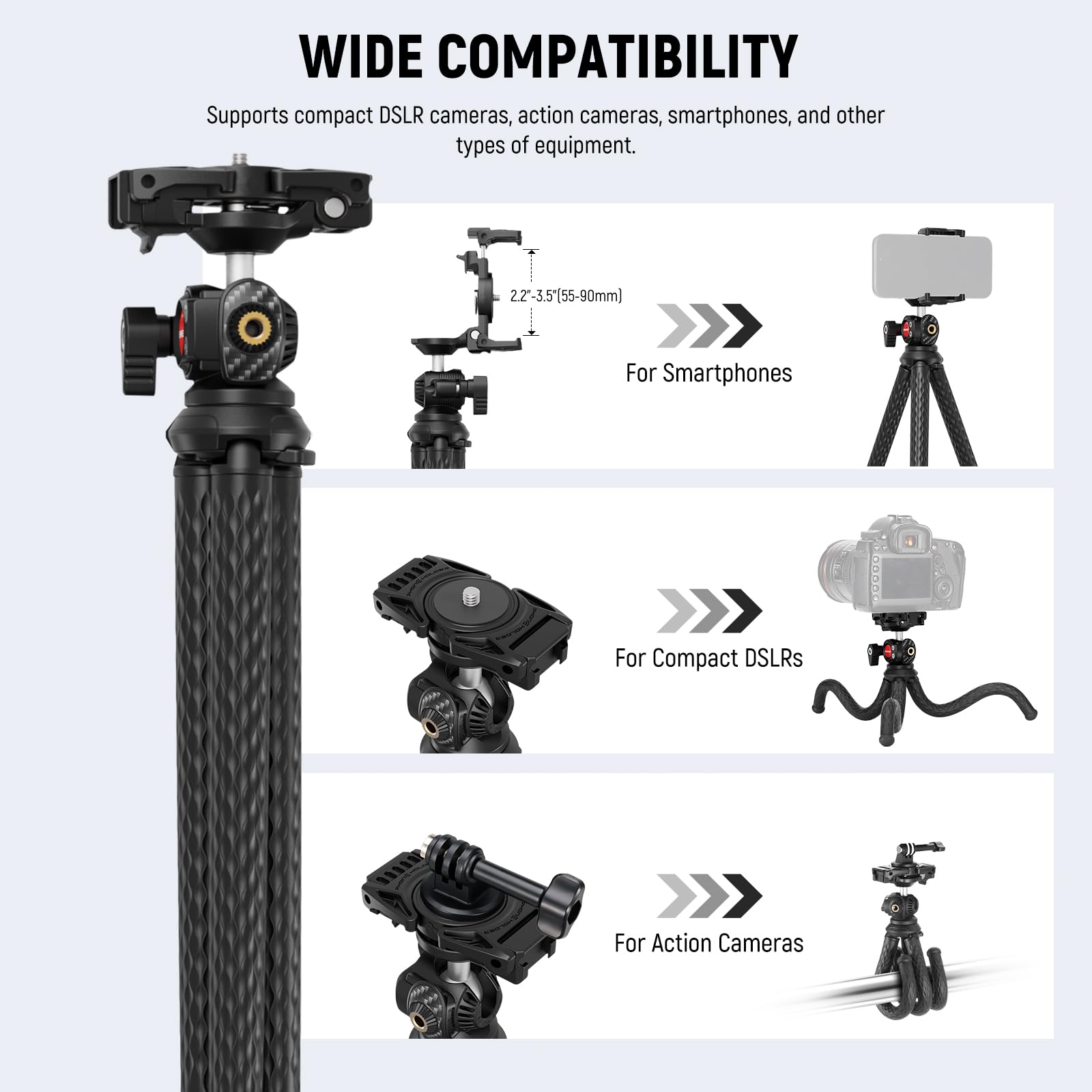 NEEWER Flexible Tripod with Remote, Mini Camera Phone Tripod Stand with Hidden Phone Holder&Action Camera Adapter Compatible with iPhone GoPro Hero13 12 11 10 DJI Insta360 Samsung for Vlogging, TP34