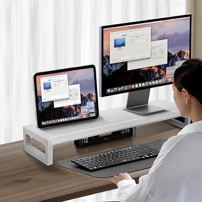 Dual Monitor Stand Riser – 28-Inch Computer Monitor Stand with Multifunctional Slot for 2 Monitors, Multi-Purpose Desktop Storage for Laptop, Printer, TV