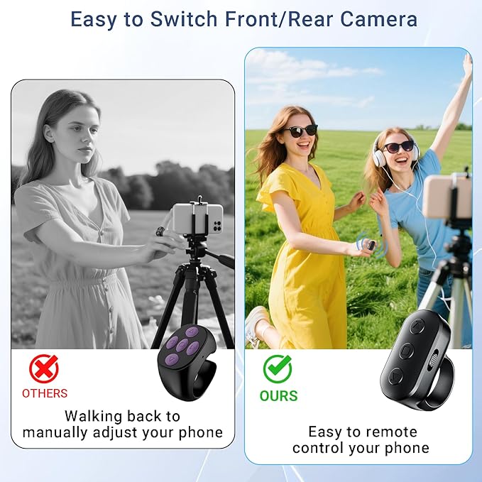 Phone Camera Ring Remote Control with Zoom in/Out, Rechargeable Shutter with Front/Rear Camera Switch for iPhone Android iPad, Hands Free Remote Ring for Photo & Video Recording Content Creator