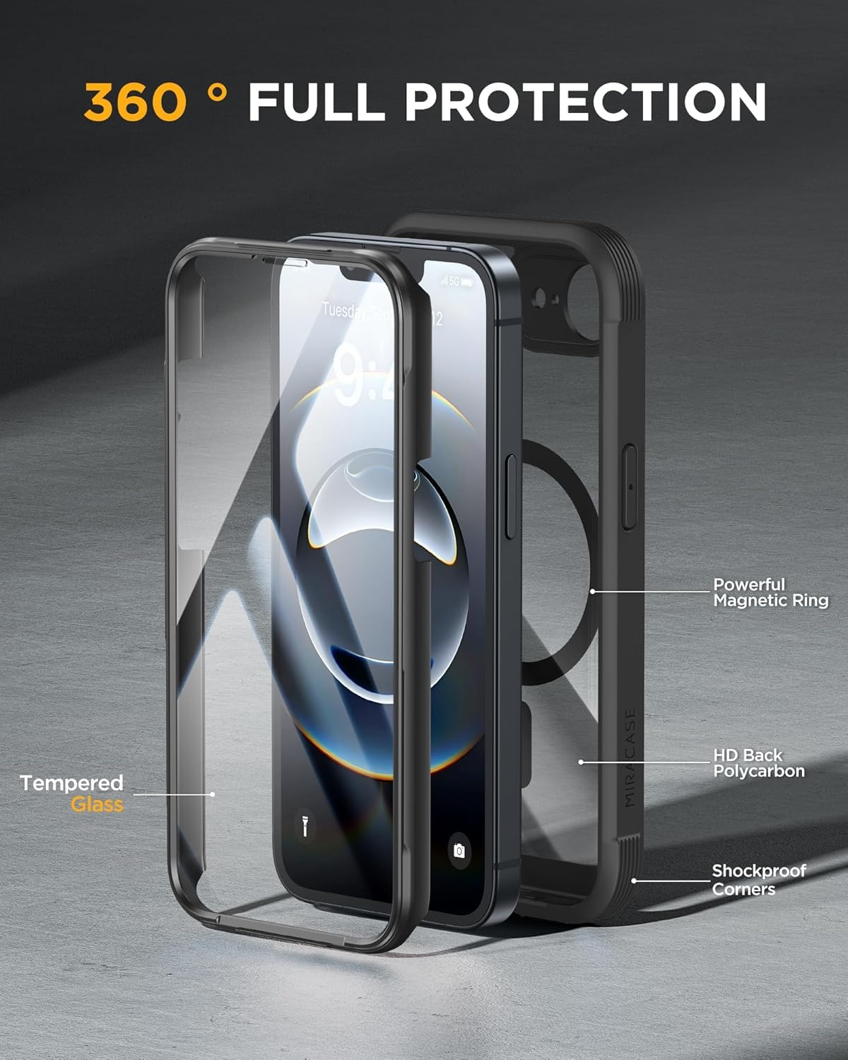 Miracase for iPhone 17e Case & iPhone 16e Case, Full-Body Phone with Built-in Glass Screen Protector, [Magnetic with MagSafe] Military Drop Proof 17 E/ 16 E Cover Bumper 6.1 inch, Black