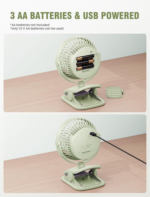 AA Battery Powered Clip on Fan with 4-Speed, 5’’ Small Desk Fan with Aroma Function, USB Powered, 360°Rotation, Ultra Quiet, for Golf Cart, Stroller, Bedroom,Car(Batteries Not Included) (Green)