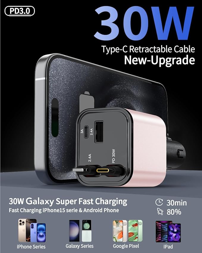 84W Retractable Car Charger,Car Phone Charger USB C Fast Charge for iPhone
