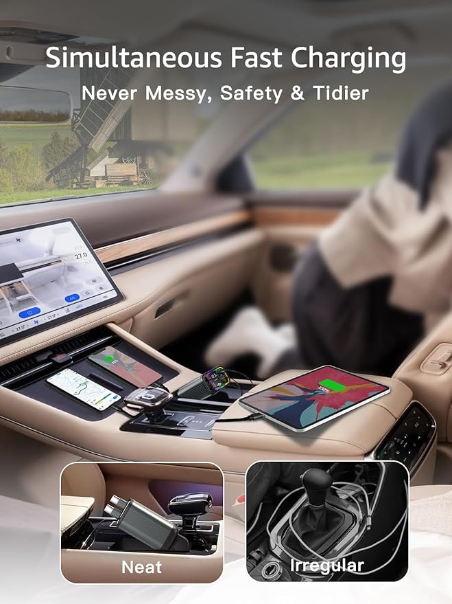 Retractable Car Charger USB C,145W Type C Car Charger Fast Charging with Dual Retractable USB C Cable and USB Ports, Compatible with iPhone 16/15,S25/24/23/22, Pixel 9/8/7