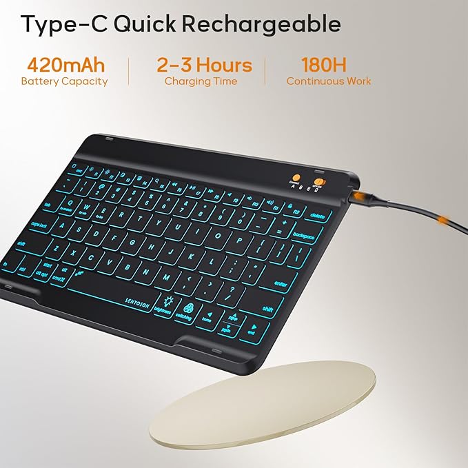 BLUTLOTUS for iPad 11th (A16) 10th Generation Case with Keyboard (2025/2022) - 360° Rotatable Magnetic Folio Cover, 7 Color Backlit Detachable Keyboard with Pencil Holder (Black)