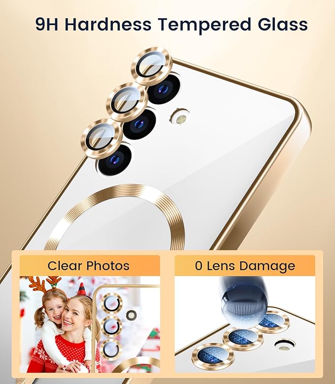Slim Thin for Samsung Galaxy S25 Case, Compatible with MagSafe, Built-in Camera Lens Protector, Shockproof Protective Phone Case, Soft Electroplated Clear Phone Cover, Gold