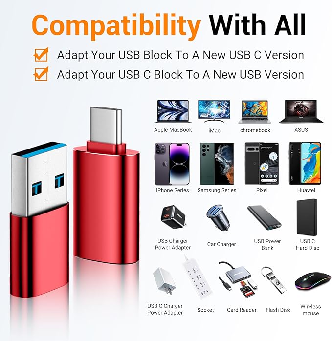 𝟒𝐏𝐚𝐜𝐤 𝐔𝐩𝐠𝐫𝐚𝐝𝐞𝐝 USB to USB C Adapter,USB C Male to USB 3.0 Female OTG Converter for iPhone 16 15 14 13 Plus Pro Max,Apple Watch,Airpods,S24 Ultra, Gender Changers OTG Adapters - Red