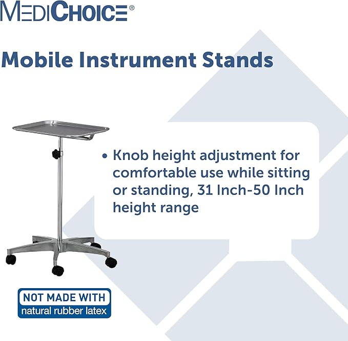 MediChoice Mobile Instrument Stand Steel Portable Adjustable Tray Medical Dental Salon Tattoo Esthetician Mobile Service Cart Table Statio Height from 31-50 Inch MAYO02000