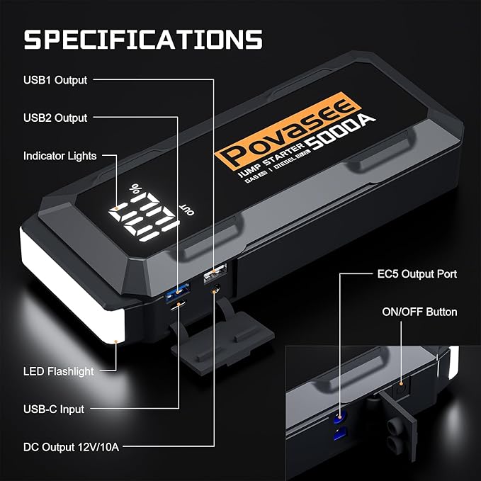 Povasee Car Battery Jump Starter 5000A Jump Box (All Gas/10L Diesel) Portable Car Jump Starter Battery Pack, 12V Jumper Starter Portable 3" LCD Display/Power Bank/Dual Output/LED Light DC