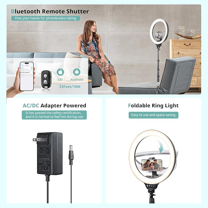 Aureday 14inch iPad Ring Light with Tripod Stand, 62inch Selfie Tripod Light Ring with Phone&Tablet Holder for Recording, 20W LED Circle Light with Wireless Remote for Tiktok, Makeup, Live Streaming