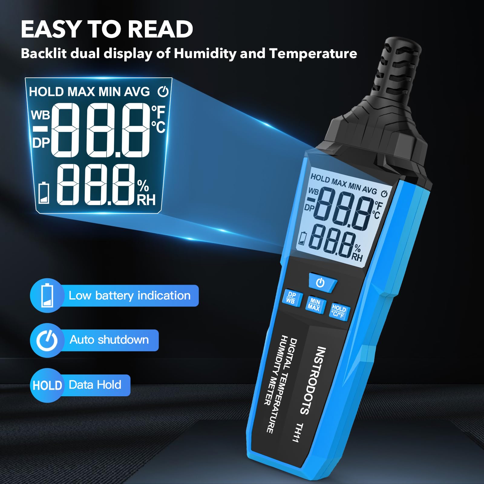 INSTRODOTS Temperature Humidity Meter, High Precision Digital Hygrometer with Ambient, Dew Point, Wet Bulb Temperature for Indoor Outdoor, Thermometer with Min/Max, Data Hold, LCD Backlight, TH11
