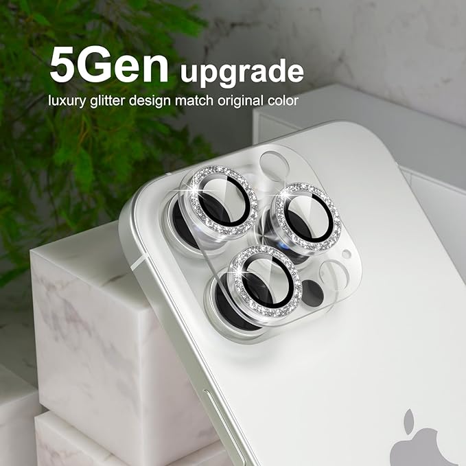 Choiche Compatible for iPhone 16 Pro/iPhone 16 Pro Max Camera Lens Protector, Bling Camera Cover with 9H Tempered Glass Lens Screen Protector Metal Ring Decoration Accessories(Clear-Silver)