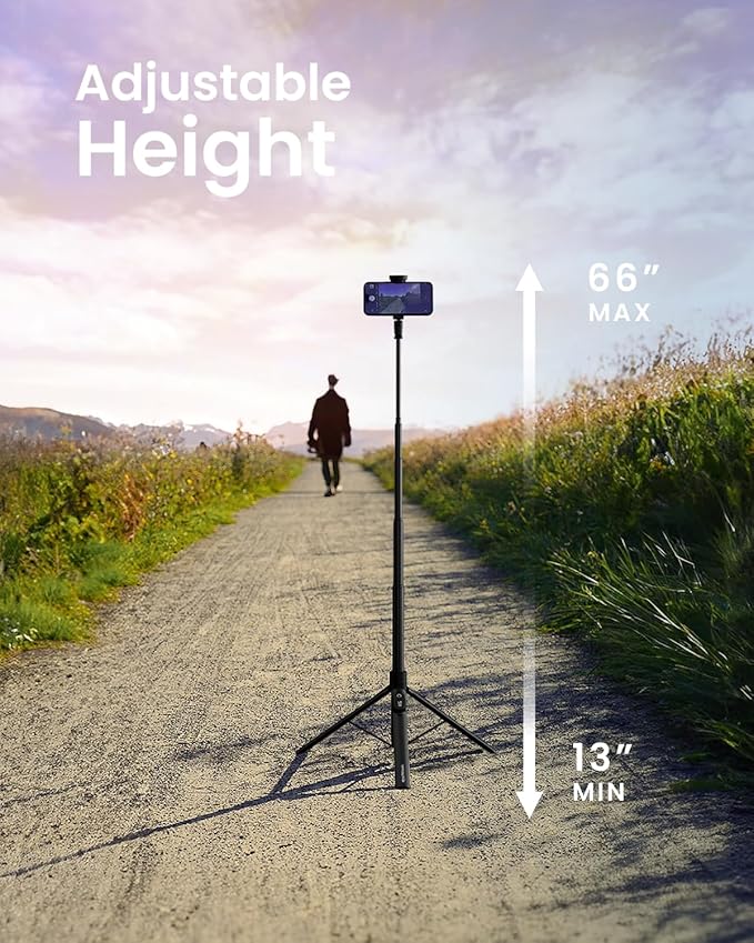 KraftGeek Automatic Tripod for iPhone, 66" Phone Tripod Selfie Stick for Cell Phone, Tripod Stand with Remote for Video Recording, Black