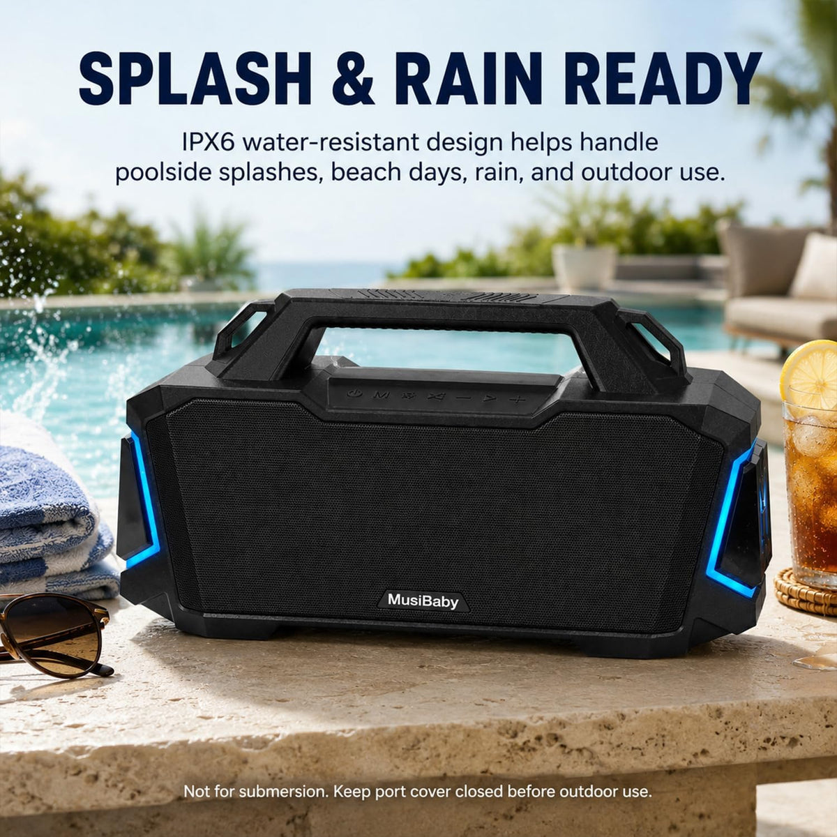 Musibaby 80W Portable Bluetooth Speaker, Loud Bass, IPX6 Waterproof, Black