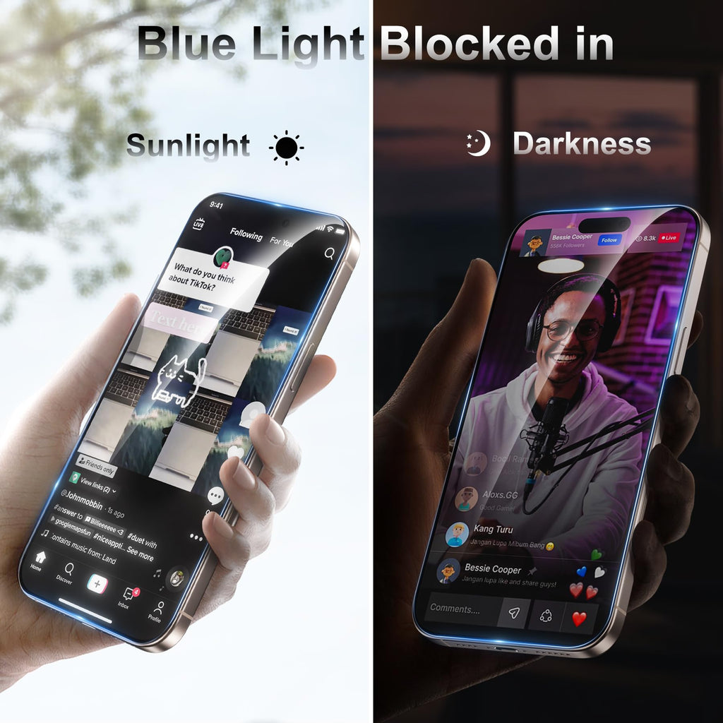 Fotbor [3+3 Pack for iPhone 16 Pro Screen Protector, Anti-Blue Light, [Eye Protection] 9H+ Tempered Glass with Camera Lens Protector
