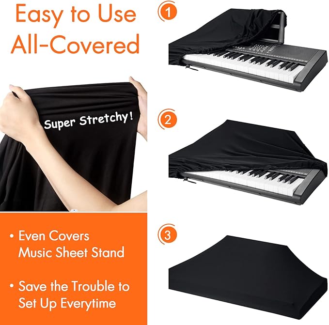 76 Keys Piano Keyboard Cover, Stretchy Music Dirt Proof Electronic Keyboard Cover With Durable Elastic & Cord Lock Must Have Piano Accessories, Black