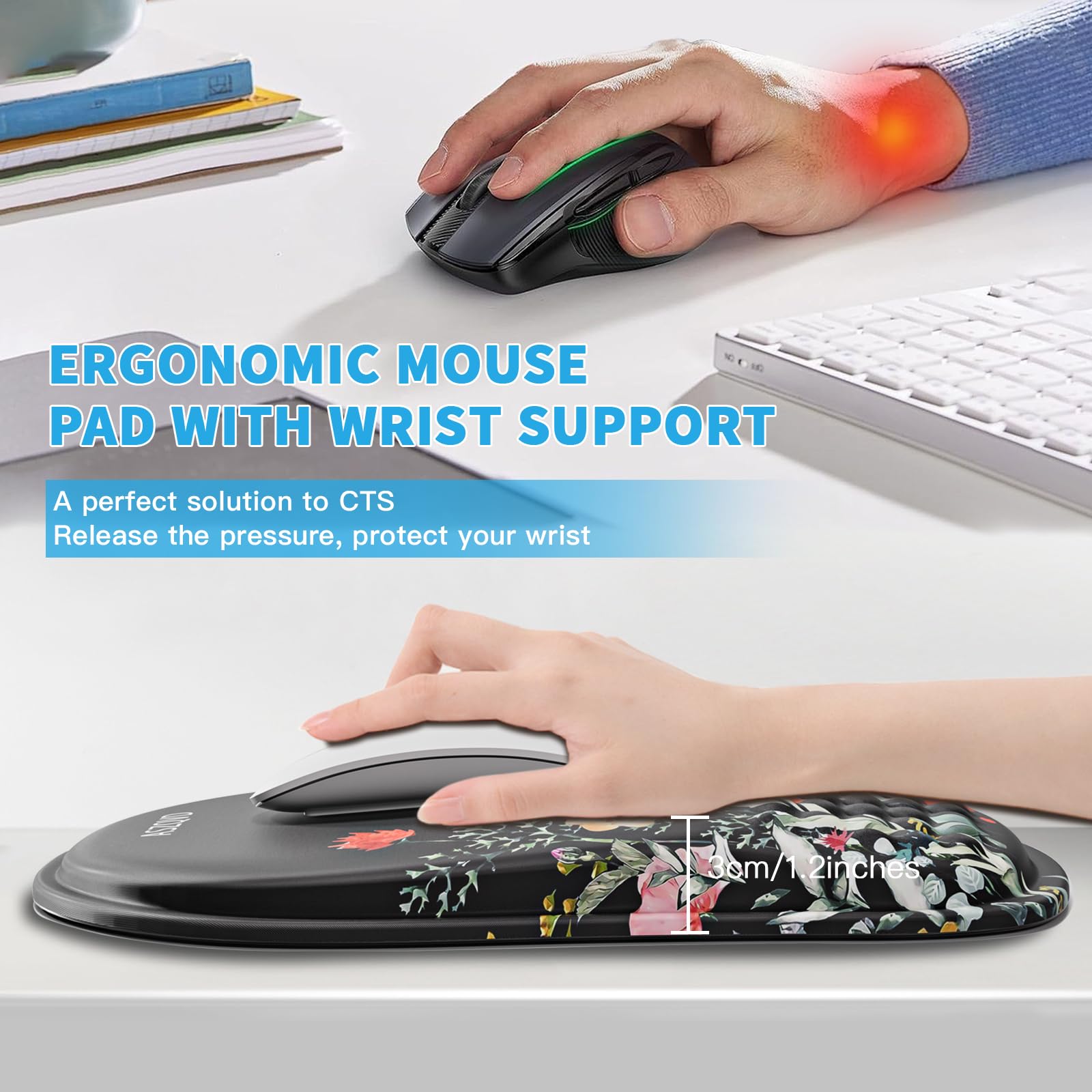 Aszqvd Mouse Pad with Wrist Rest, Ergonomic Mousepads with Wrist Support, Soft Lycra Fabric Memory Foam Office Desk Accessories for Comfort/Pain Relief/PC Gaming/Computer/Laptop (Black Flower)