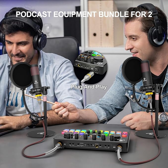 Podcast Equipment Bundle for 2 with Dual 48V XLR Condenser Micophones with Mic Pop Filters Audio Equipment for Live Streaming/ Recording, Online Gaming for Phone/ Laptop/ PC Audio Interface M100