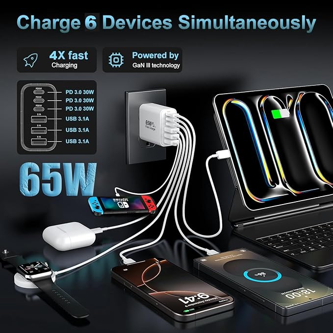 USB C Charger Block, 2-Pack 65W 6-Port USB C Wall Charger iPhone Charger Fast Charging PD Power Adapter+QC Wall Plug Multiport Type C Brick Chargers for iPhone 16 15 14 13 12 11 Pro Max XS,Samsung